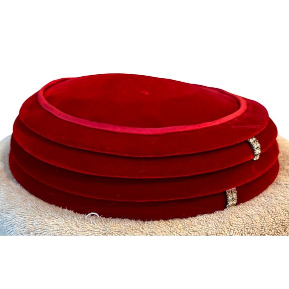 Womens Marche\' Exclusive Red Velvet Vintage Hat Rhinestone Trim Fitted Pill Box main image 6